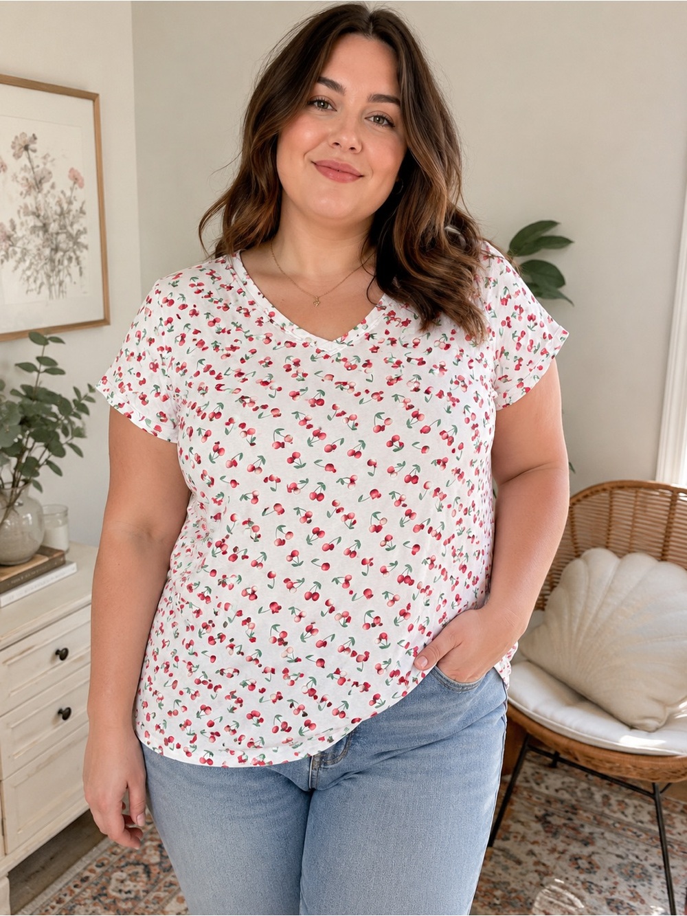 Dip Cherry Print V-Neck Tee Size 1X White Short Sleeve Cute Fruit Graphic Top